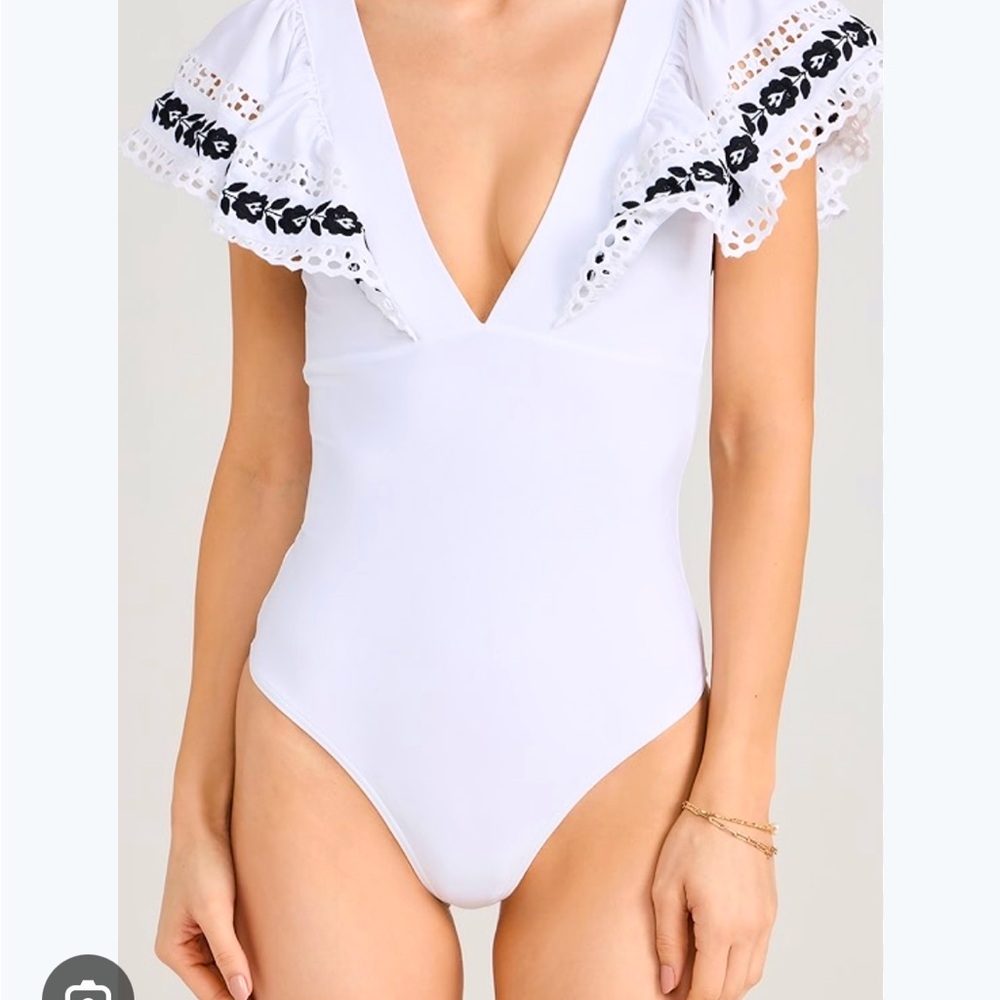 White Ruffled Bodysuit with Black Embroidery